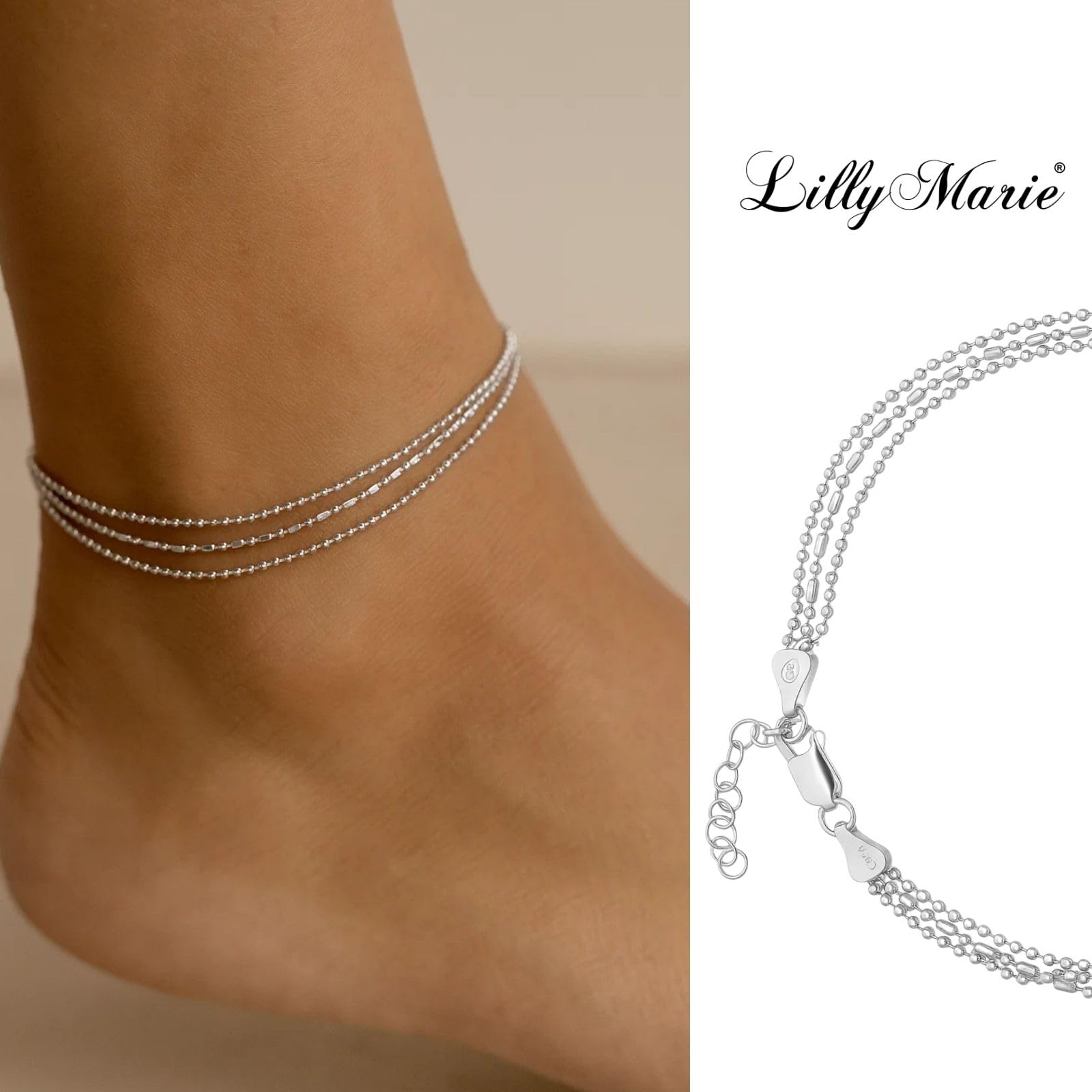 LillyMarie Cavigliera Tripla In Argento Sterling Regolabile Con Chiusura A Molla Per Donna