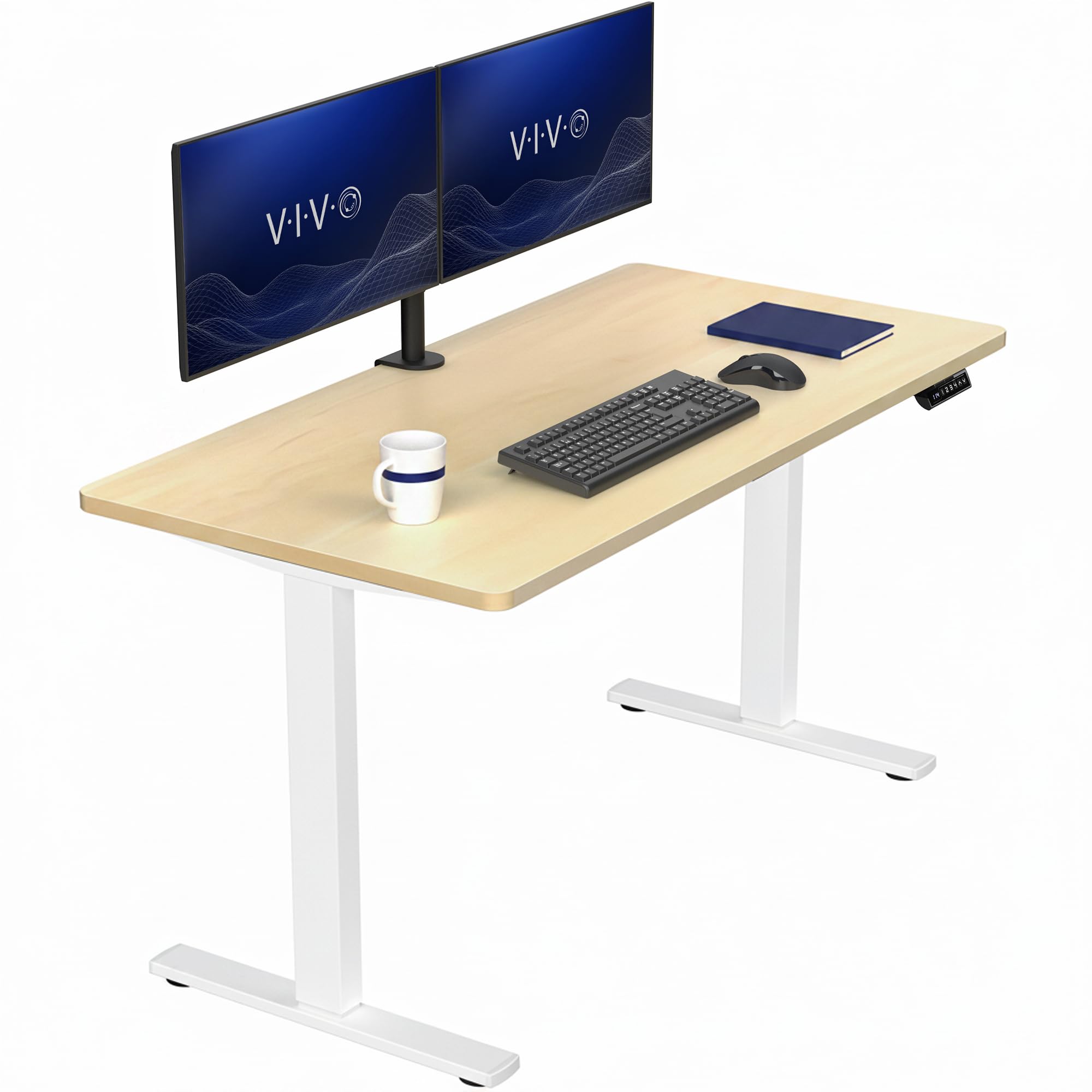 VIVO Light Wood 55 x 28 in Standing Desk, DESK-KIT-1W55C | Electric, Holds 220 lbs, Sit Stand, Height Adjustable, Solid One-Piece Table Top, Memory Presets, 1B Series, White Frame