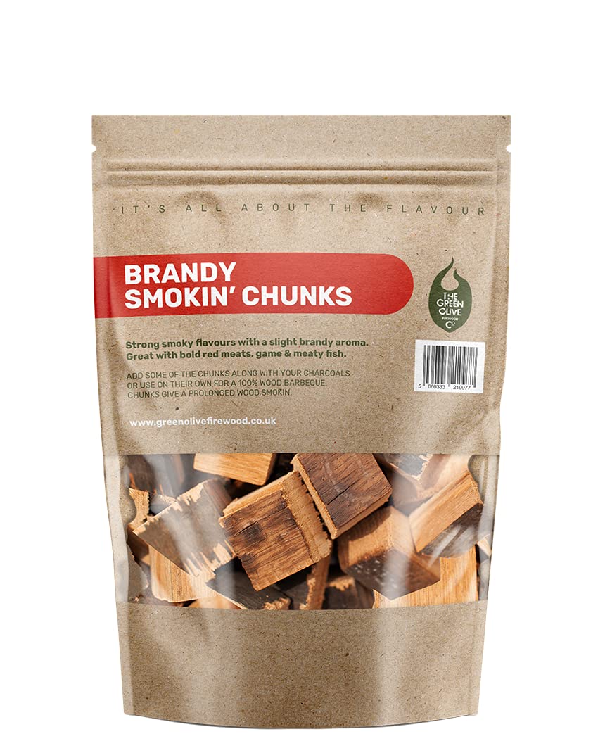 Green Olive Firewood - Wood Chunks for smoking, 5L - bbq wood chunks Ideal for use In BBQ's or Smokers - Flavoured large smoking chips, for smoking meat, fish and even vegetables - Brandy