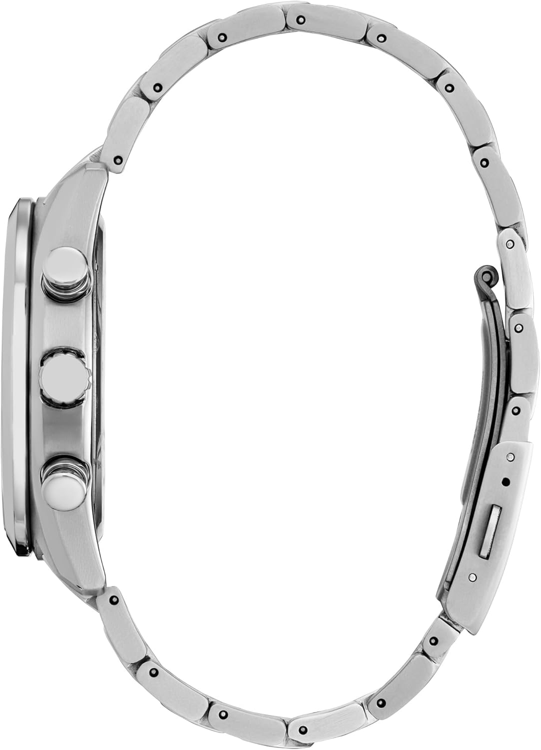 Side view of Citizen Eco-Drive Tsuki-yomi A-T watch showing crown and pushers