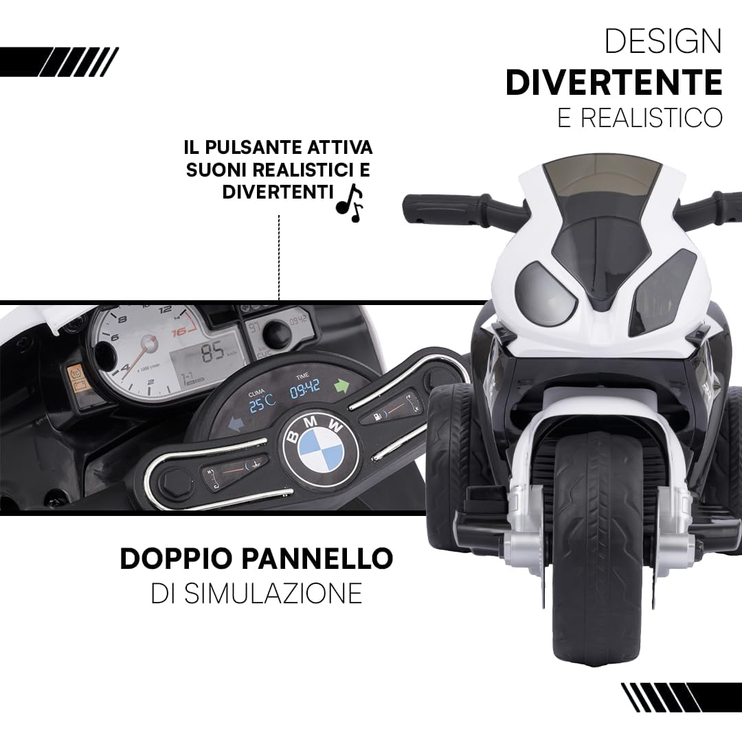 Baroni Toys Moto Elettrica per Bambini 1-3 Anni, BMW con Licenza Ufficiale, Moto Cavalcabile con Manubrio Sterzante, Pedale di Accelerazione, Fanali e Suoni, Ruote Tassellate, 66 x 37 x 44 cm, Nero