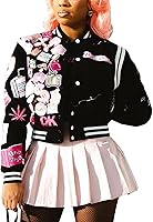 SaytoRose Women's Vintage Patches Varsity Letterman Cropped Bomber Jacket - Lightweight Stretchy Casual Coat