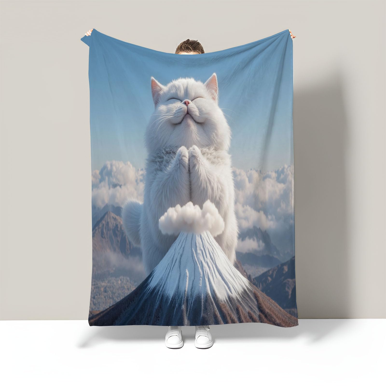 Plaid canapé 150x200 cm chaîne de montagnes et design artistique chat yoga blanc