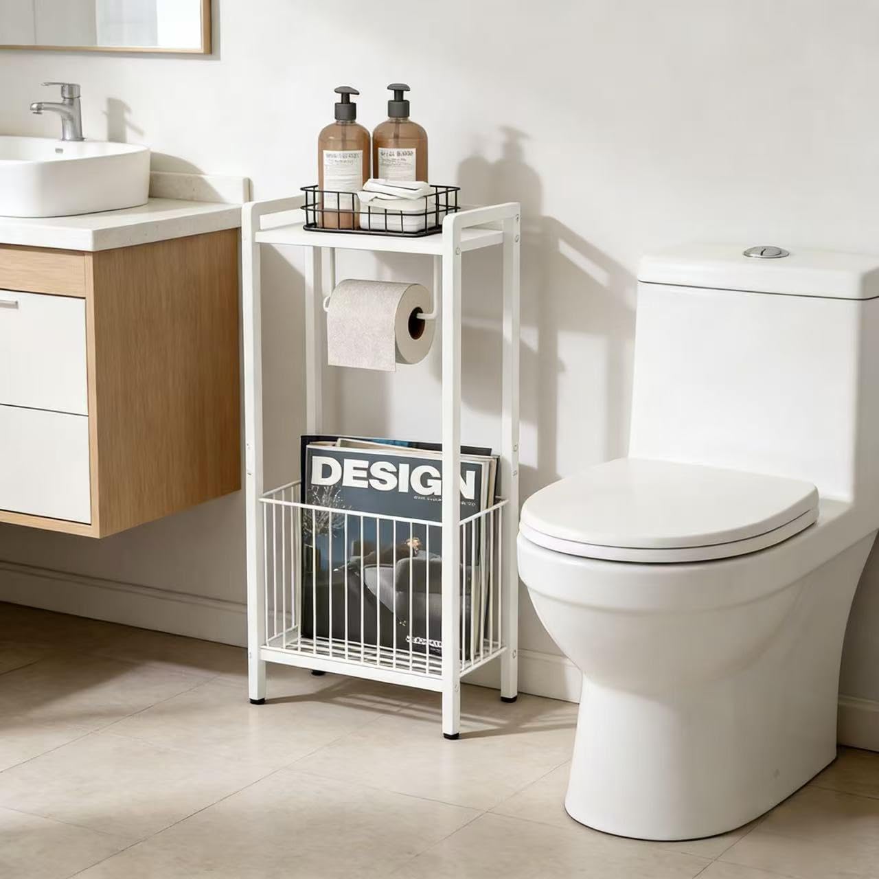 Bathroom Toilet Paper Holder Stand with Storage Basket and Top Shelf, Free-Standing Toilet Tissue Organizer for Small Bathrooms, Metal Toilet Paper Rack with Magazine Holder – White