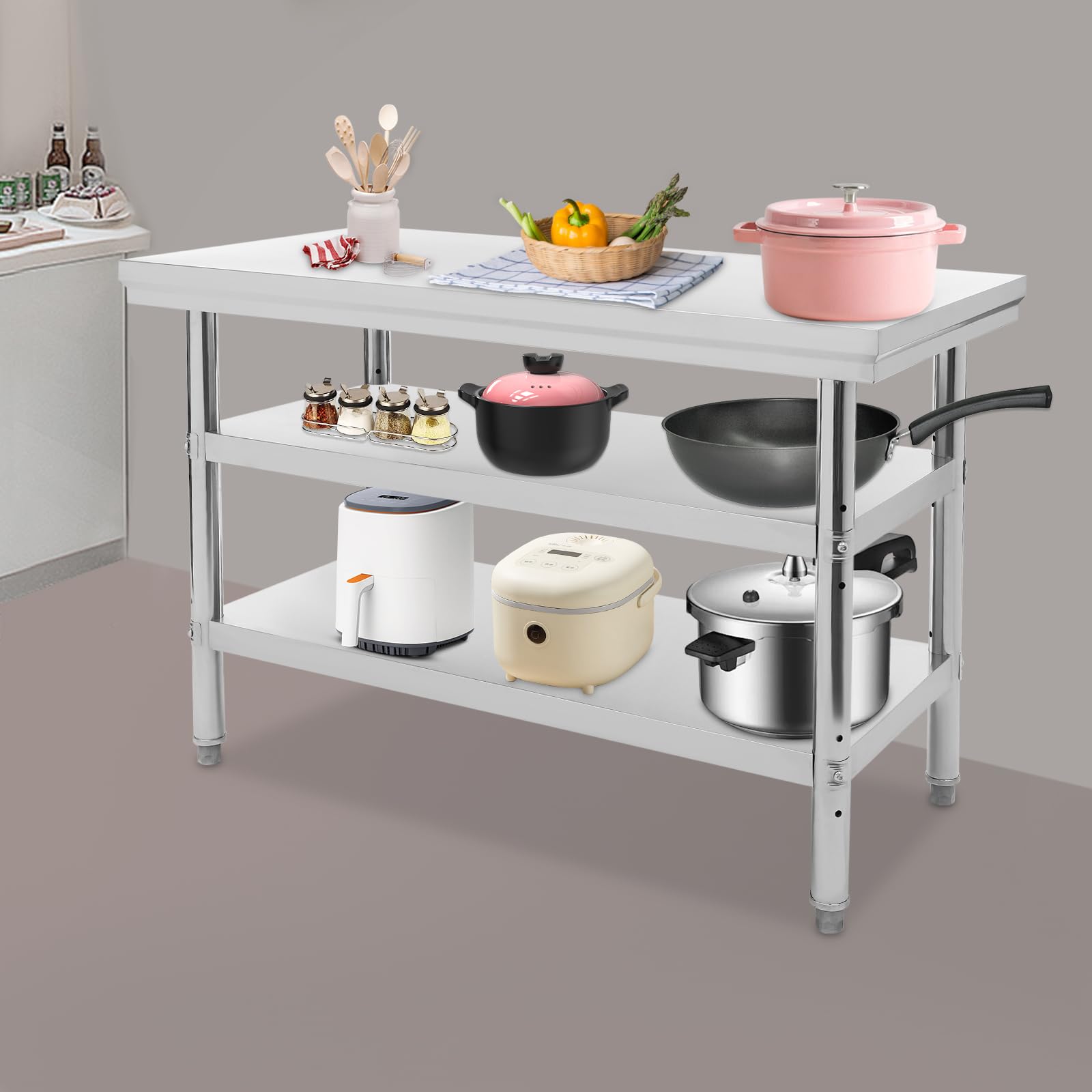 Mesa de trabajo de acero inoxidable, 3 estantes, mesa de acero inoxidable con estante y patas ajustables ajustables, mesa de barbacoa, mesa de bar, mesa de cocina multifuncional para
