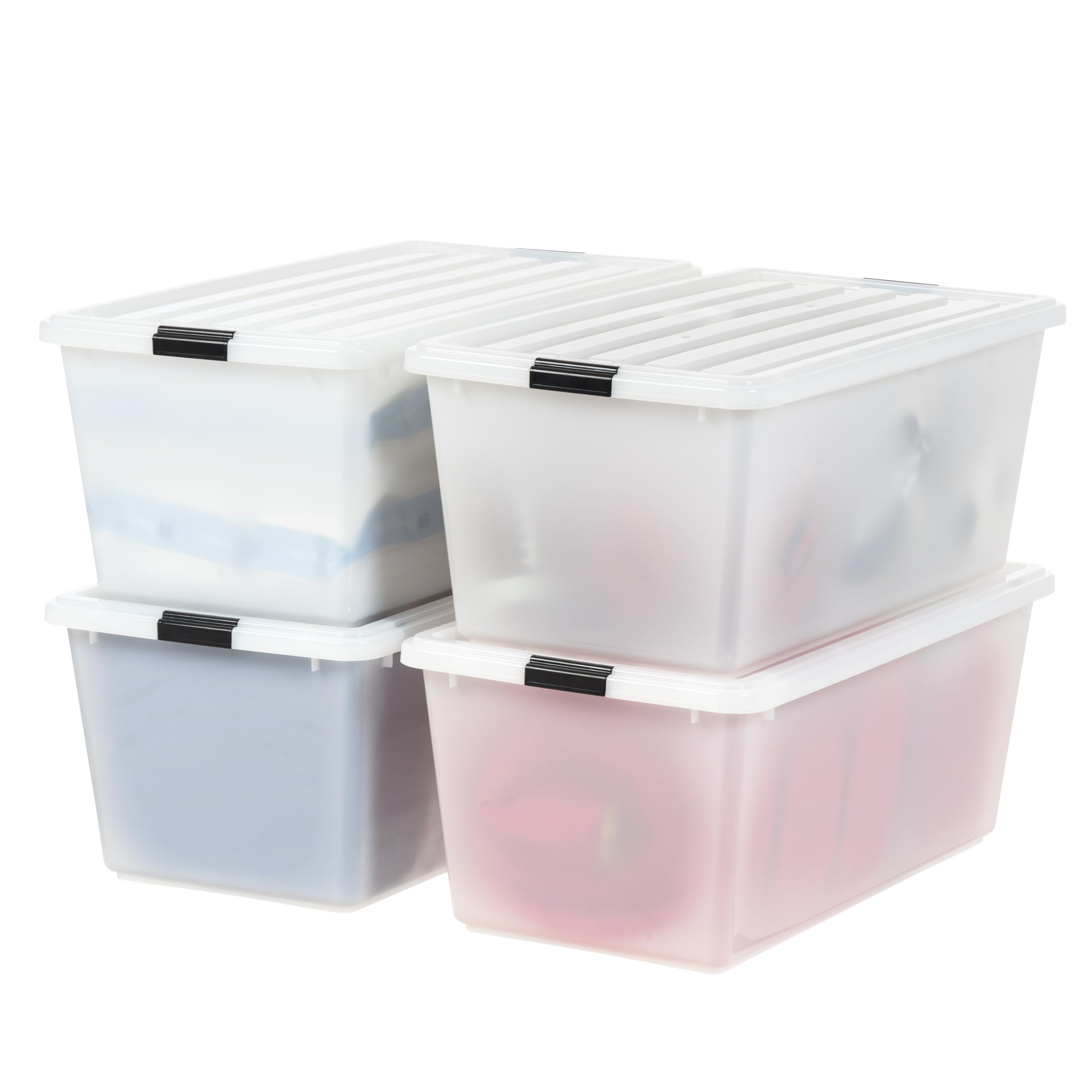 IRIS USA 91 Qt Stackable Plastic Storage Bins with Lids, 4 Pack - BPA-Free, Discreet Organizing Solution, Latches, Durable Nestable Containers, Secure Pull Handle, Made in USA - Pearl