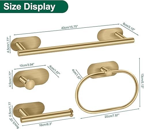 Miniatura 2 de Juego de 4 accesorios de baño autoadhesivos de oro cepillado, incluye toallero de 16 pulgadas, anillo de toalla, gancho para toallas de bata,