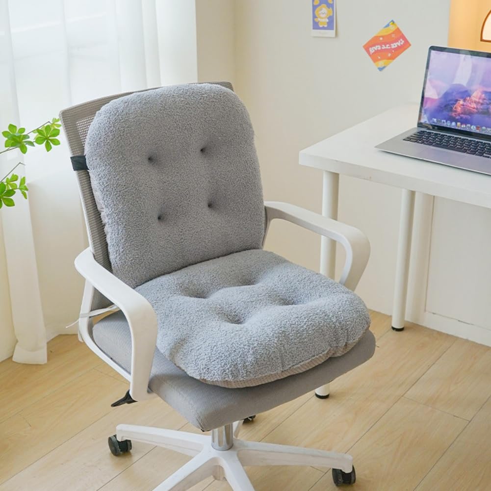 - Desk Chair Cushion with Back Support Teddy Velvet Plush Pad Office Chair Pad with Ties Anti-Slip Seat Cushion for Dining Room Home Desk Dorm Computer Chairs (Grey)