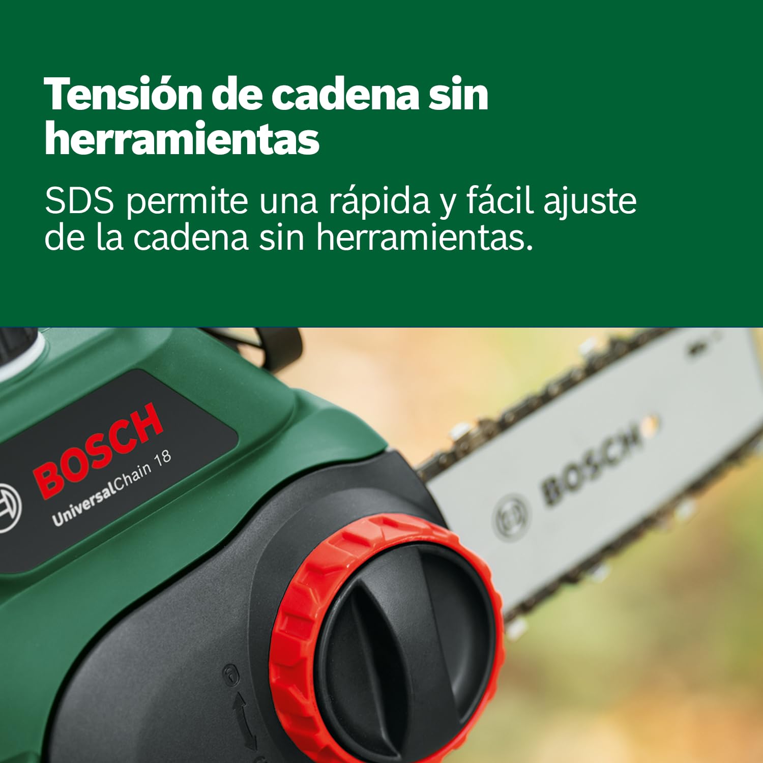 Bosch sierra de cadena a batería UniversalChain 18 (sin batería, caja de cartón, sistema SDS, longitud de la espada: 200 mm, sistema de 18 V)