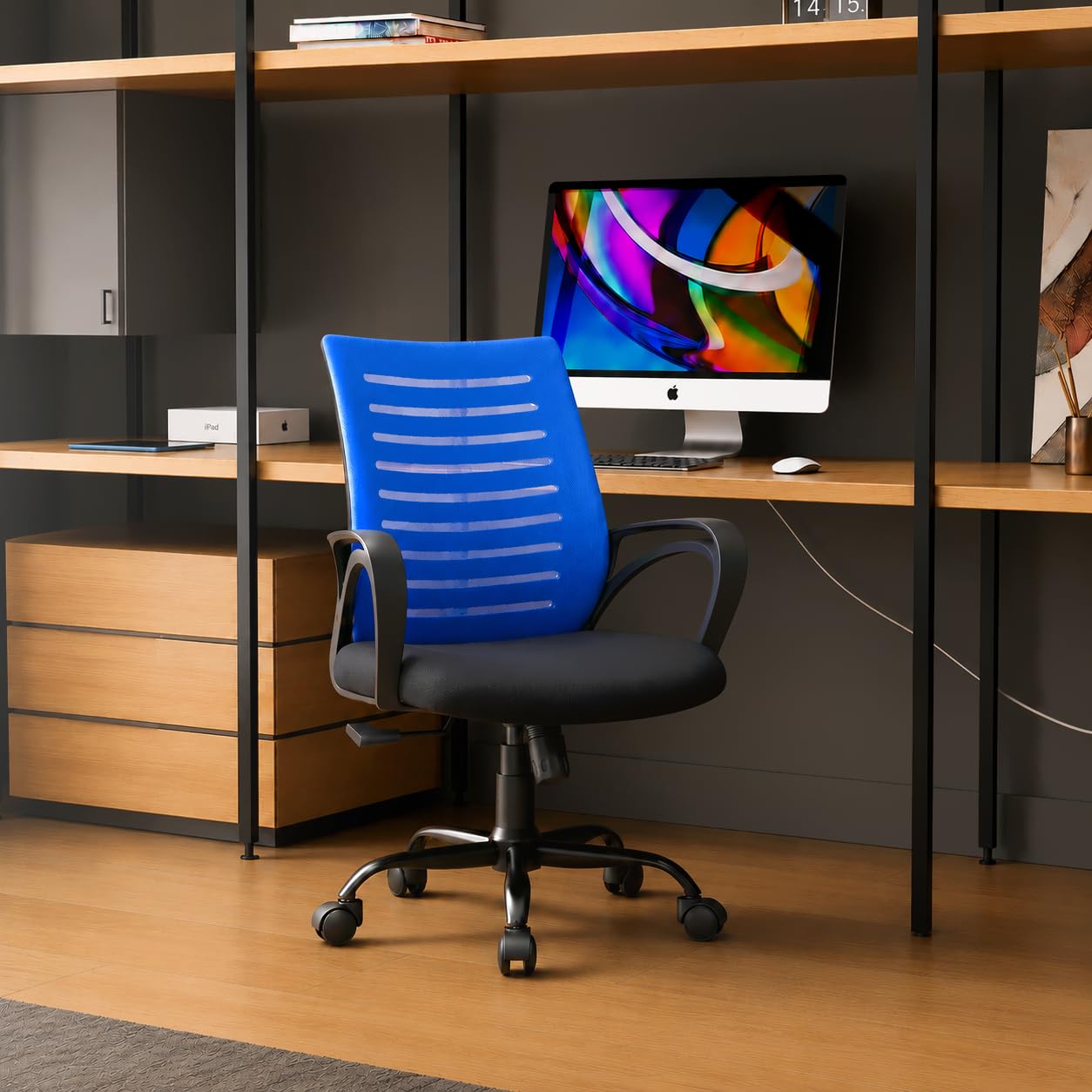 CELLBELL Desire C104 Ergonomic Mesh Office Chair for Home & Office | Mid Back Computer Chair with Adjustable Support, Smart Tilt Lock, Height Adjustment, Metal Base & 360° Swivel Wheels (Blue)