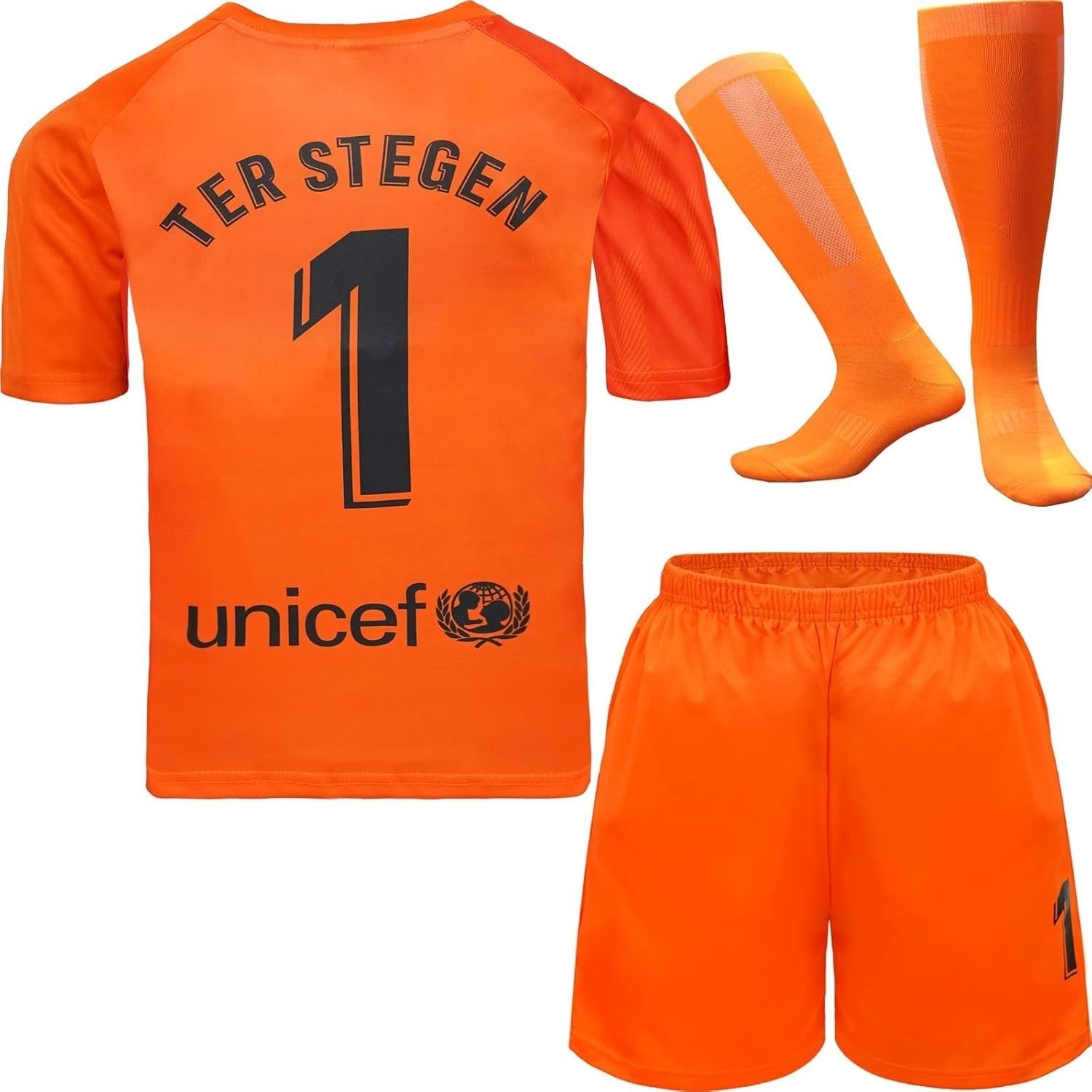 Barcelona TER Stegen - Maglietta da portiere per bambini, da calcio, #1, nuova stagione, pantaloncini