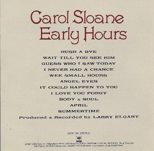 CAROL SLOANE - Early Hours = ボディ・アンド・ソウル - CD