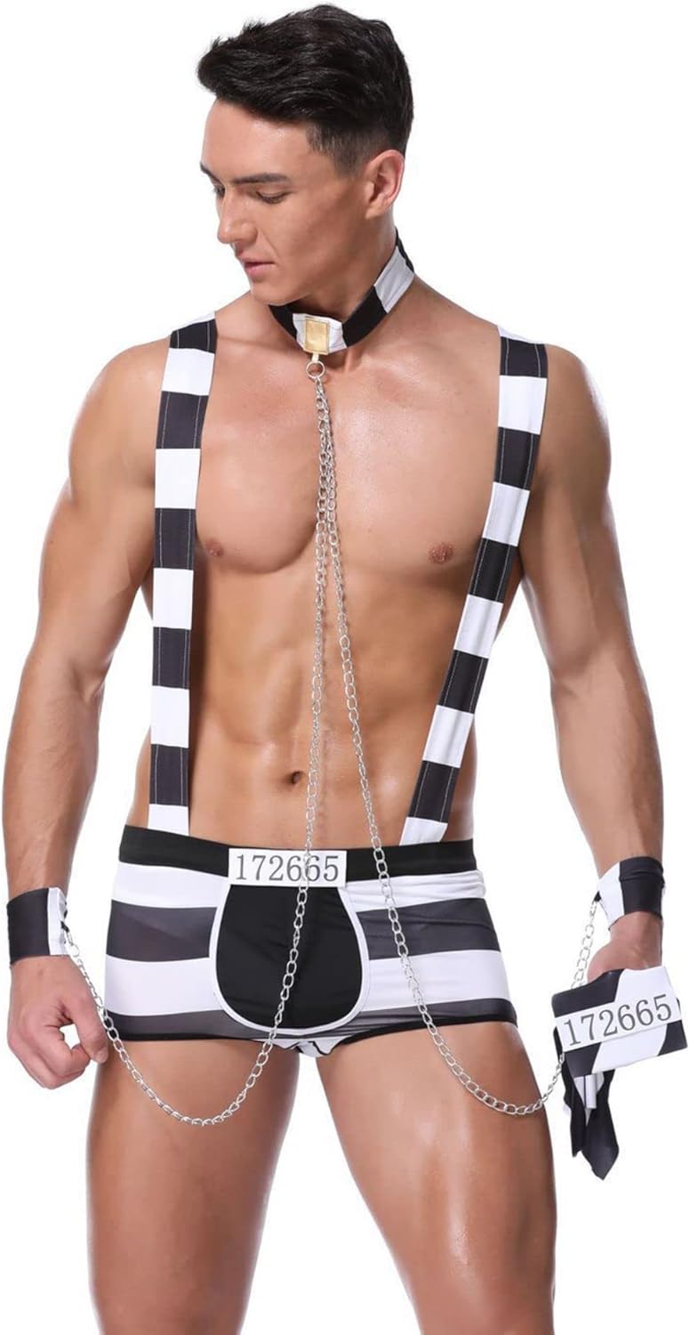 Mens Sexy Lingerie Set Role Play Prison-Inmates Striped Funny Uniform Nightclub Cosplay Costume Outfit