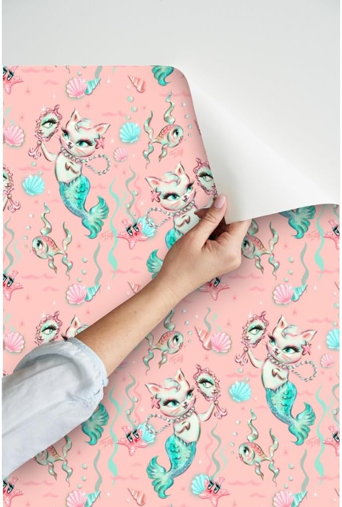 Peel & Stick Wallpaper Swatch - Merkittens Small Vintage Retro Peach Mermaids Cats Kittens Custom Removable Wallpaper by Spoonflower