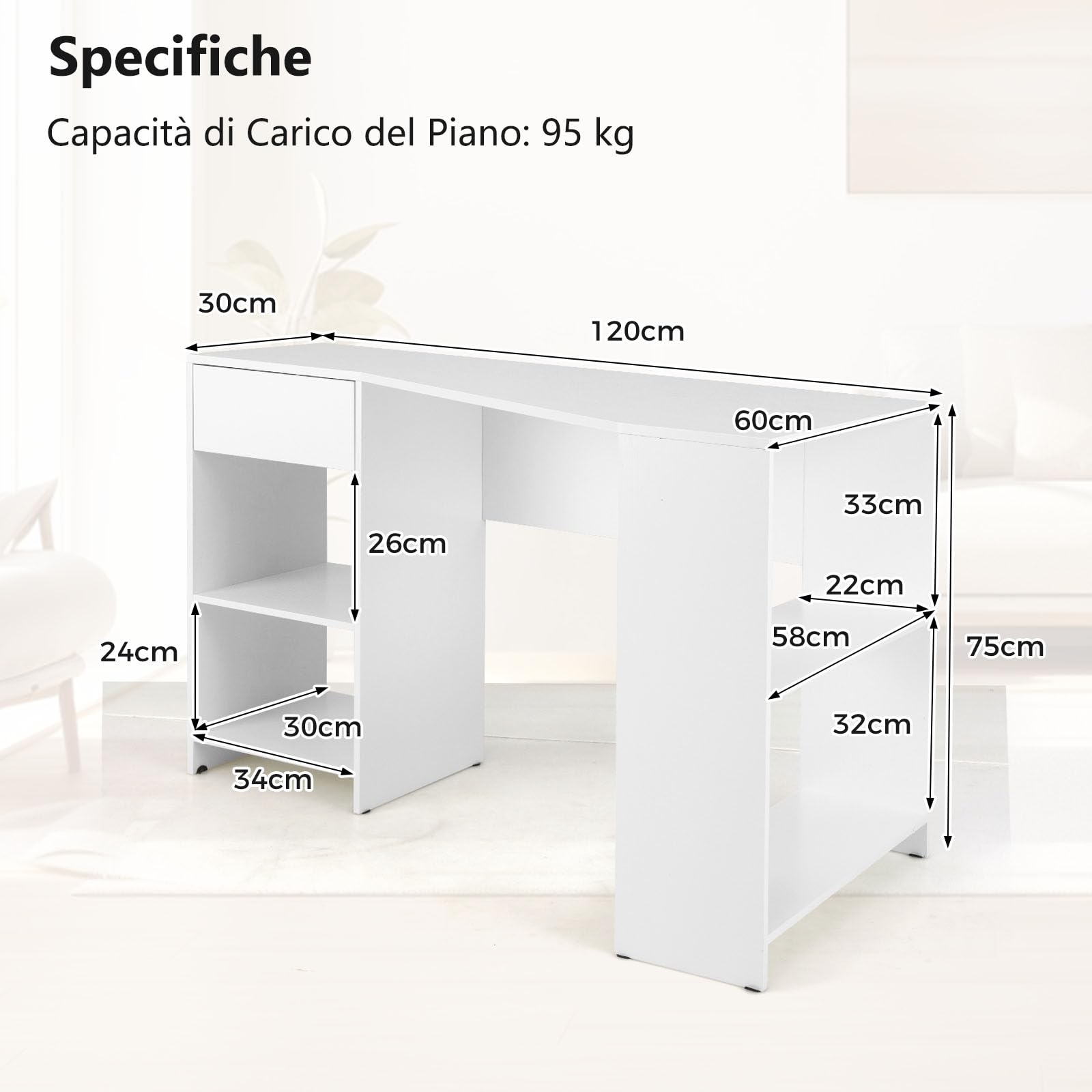 COSTWAY Scrivania ad Angolo per Computer 120 x 60 cm, Scrivania a Forma di L con Ripiani e Cassetto, Scrivania Angolare Gaming Salvaspazio per Ufficio, Studio e Cameretta, Bianco