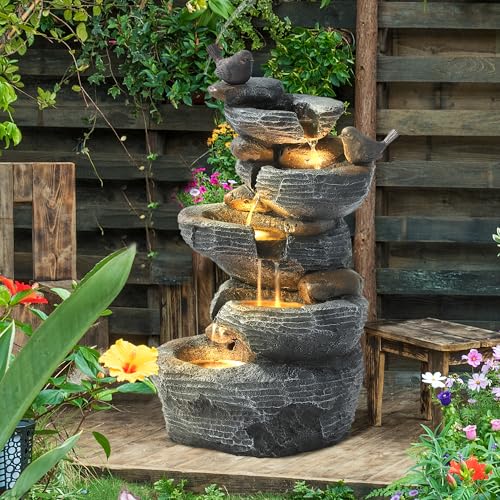 image for Grepatio Outdoor 5-Tiers Cascading Rock Water Fountain, Waterfall Foun