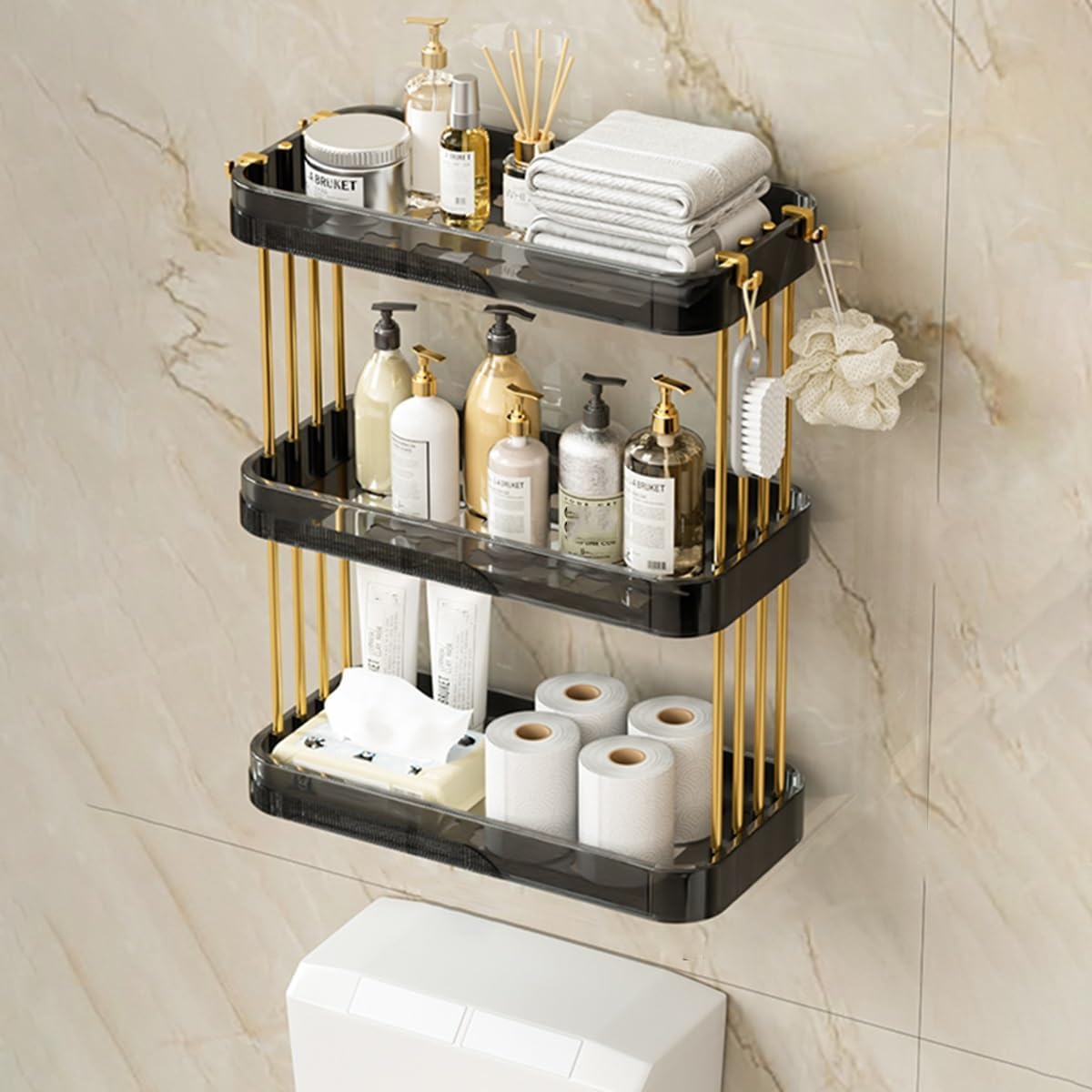Over The Toilet Organizer, Over Toilet Storage Rack with Metal e, Above Toilet Bathroom Organizer for Space Savers, Bathroom Shelf No Drilling with Hooks (Color : /Clear, Size : 3-Tier) (/Black