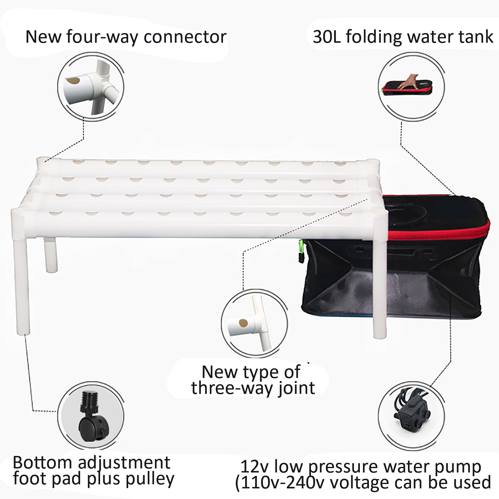 Sistema de cultivo hidropónico, tubo de PVC, 36 agujeros, incluye depósito de agua plegable de 30 L para verduras de hoja, lechuga, hierbas y apio
