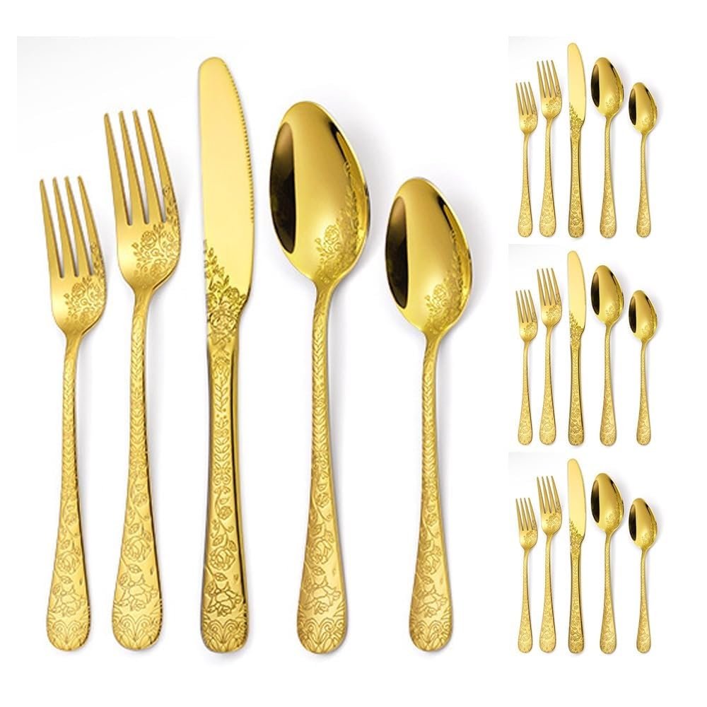 Vintage Carving Cucina Acciaio Inossidabile Argenteria Stoviglie Posate Coltelli Forchette Cucchiai Set Home Coltello Da Bistecca Cucchiaio Da Dessert (Oro,20 pezzi)