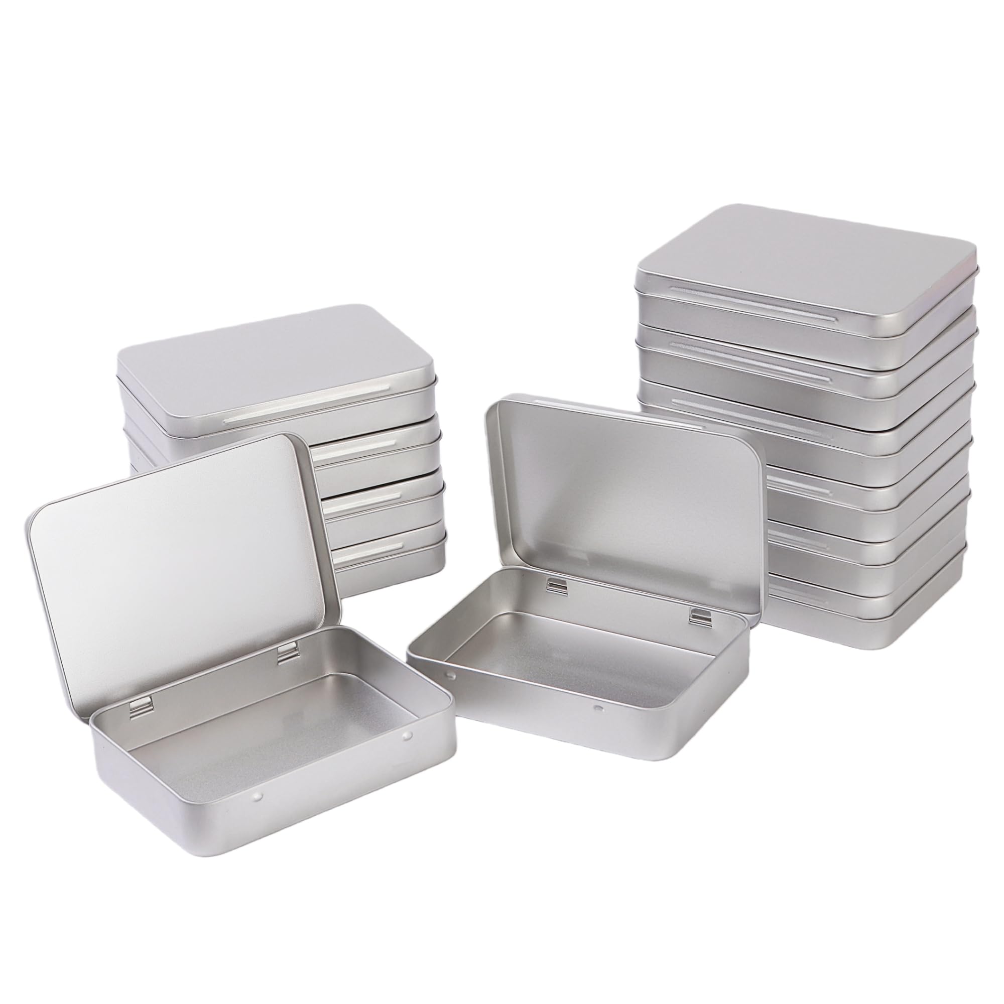 LJY 12 Pack Silver Mini Metal Tin with Hinged Lid 11.5 x 8.5 x 2.2 cm - Rectangular Small Storage Tin Box for DIY Crafts, Survival Kits, Beads and Small Item Organiser Containers