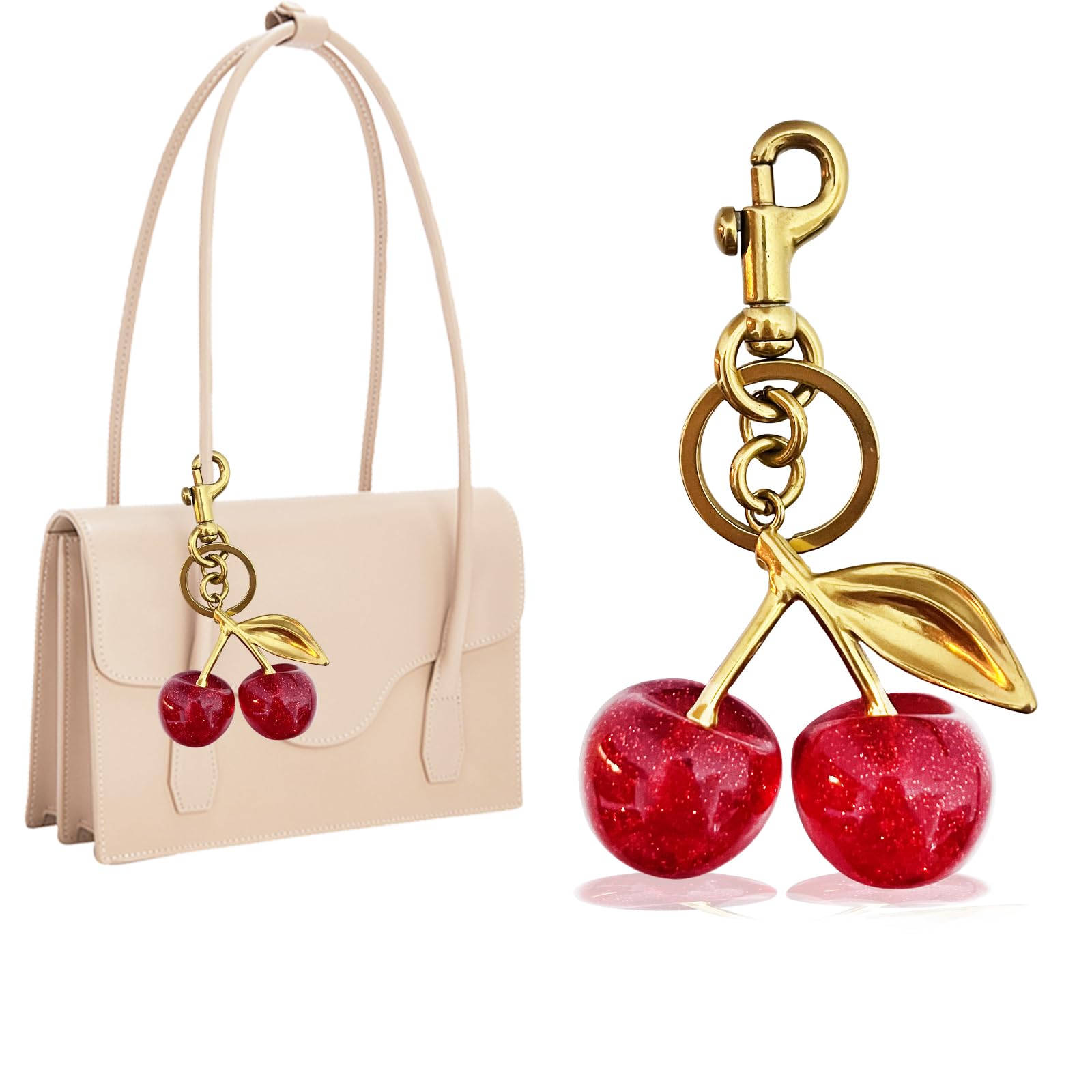 Cherry Bag Charm, Purse Accessory for Women Keychains Charms Decorations, Bling Bag Charms with Key Ring and Clip for Girl's Gift, Cherry Red, 4.6*2.8*1.4in-image-13