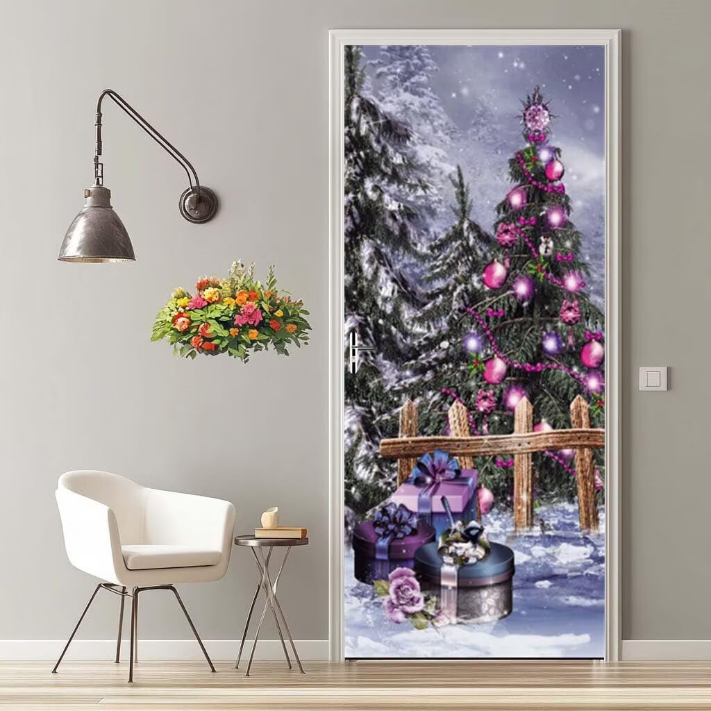 Vinilos Puertas 3D Vacaciones Árbol De Navidad Pegatinas Decorativas de Puerta Pegatina Pared Murales Adhesivo para Puerta para Interiores Dormitorio Bano Decoración del Hogar Regalo 95X215cm -MT2108