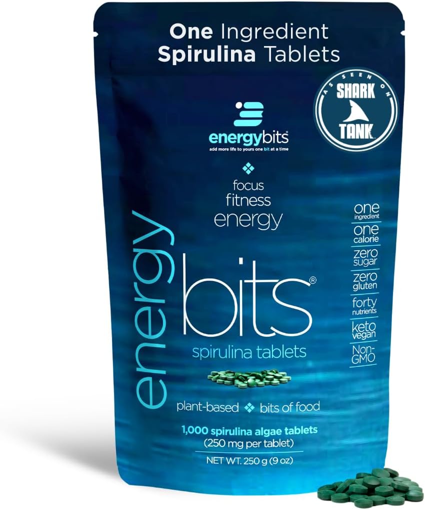 ENERGYBITS - Organic Spirulina Tablets - Plant-Based Algae Superfood - for Focus, Fitness, Energy - Plant Protein - Gluten Free - Collagen, Vitamin B12, Omega 3 - Keto & Vegan - 1000 Algae Tablets