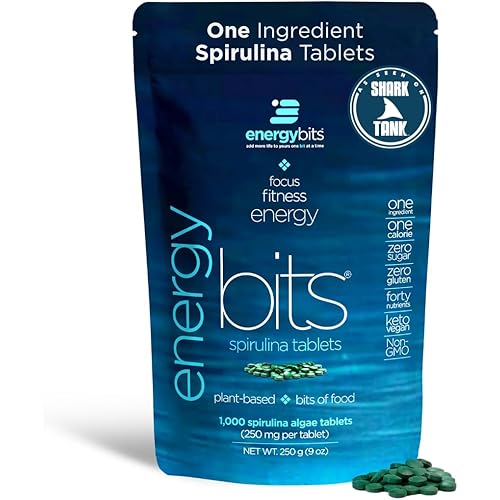 ENERGYBITS - Organic Spirulina Tablets - Plant-Based Algae Superfood - for Focus, Fitness, Energy - Plant Protein - Gluten Free - Collagen, Vitamin B12, Omega 3 - Keto & Vegan - 1000 Algae Tablets