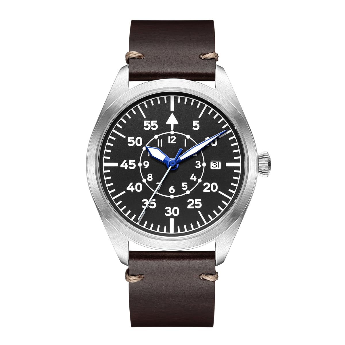 Boyarca Reloj de piloto para Hombre, Reloj de Pulsera de Aviador, Relojes mecánicos automáticos, Caja de Acero Inoxidable y Correa de Cuero Genuino, Flieger Timepieces.