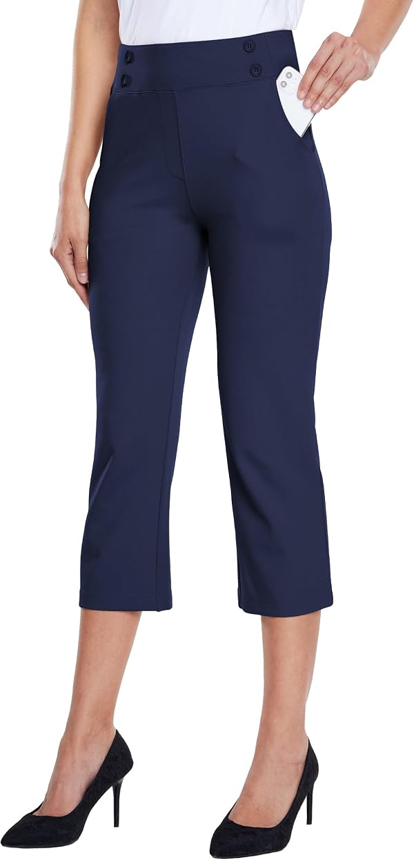 Willit Women's Capri Pants Dress Yoga Capri Stretch Business Work Casual Capris Straight Leg Office Pants 21" Navy Blue M