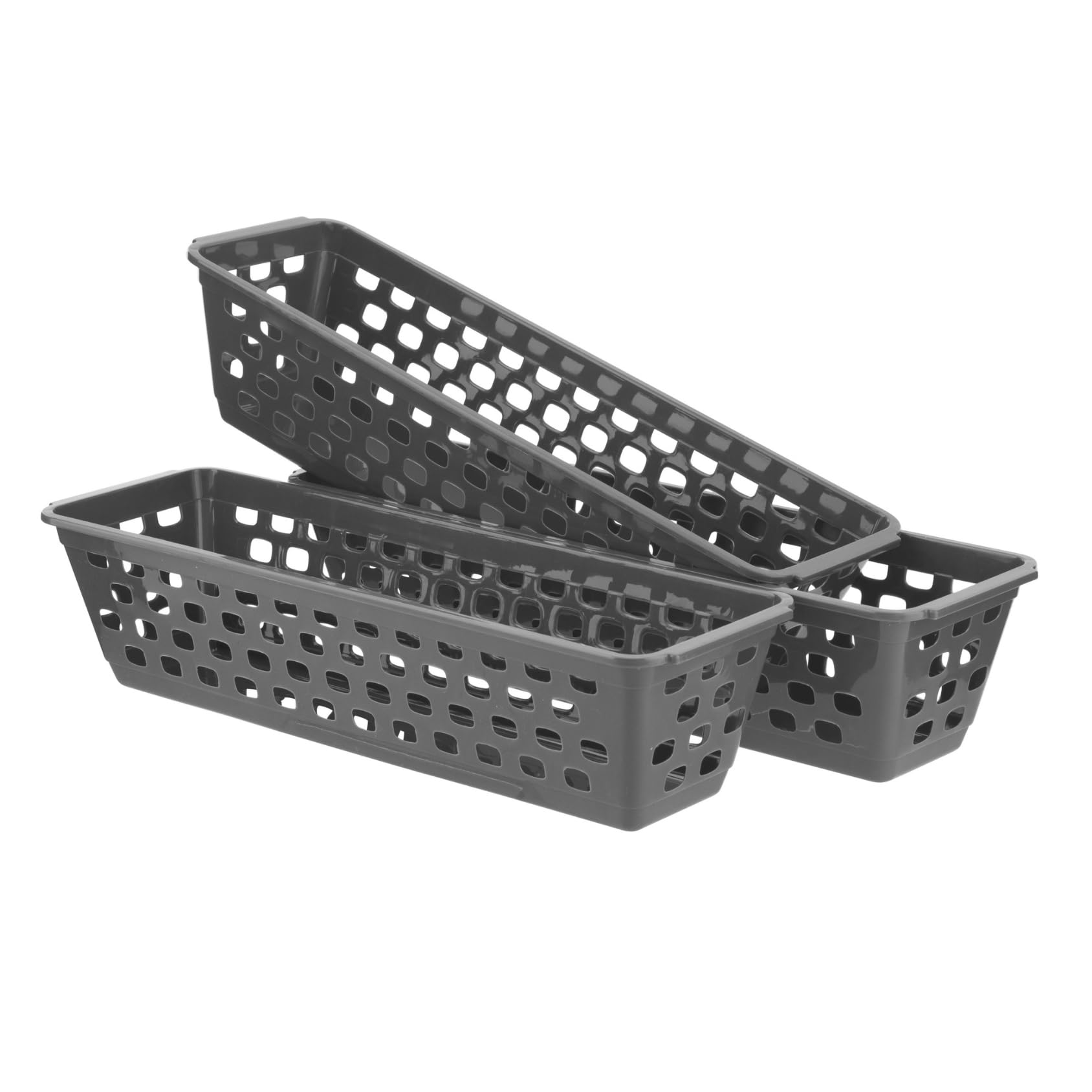 HOMESHOPA Long Silver Rectangular Storage Baskets, 3 Pack Small Plastic Handy Organiser Bin, Multipurpose Home Kitchen Utility Room Cabinet & Shelf Narrow Boxes