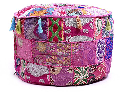 Aakriti Gallery Indian Pouf Footstool Ethnic Embroidered Pouf Cover, Indian Cotton Round Pouffe Ottoman Pouf Cover Pillow Ethnic Decor Art - Cover Only (Pink, 22x14)