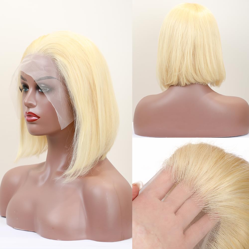 12 Inch Blonde Bob Wig Human Hair 180% Density 613 Lace Frontal Human Hair Bob Wig 13x4 HD Lace Front Wig Human Hair Free Part 613 Short Straight Bob Wig Pre Plucked with Baby Hair