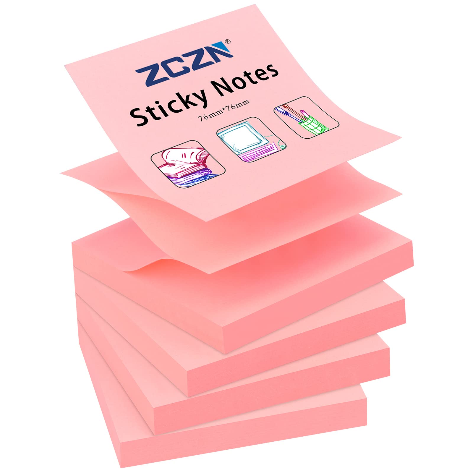 ZCZN 400 Sheets Pop-up Sticky Notes, 3 x 3 Inches, 4 Pads Bright Color Self-Stick Notes, 100 Sheets/Pad, Pink
