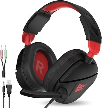 QXQ Wired Gaming Headset for PS5/PS4/PC/Switch - 3.5mm Over-Ear Headphones with Noise-Canceling Mic - RGB LED Light - Deep Bass Stereo Surround Sound - Soft Memory Foam Earpads Black-Red