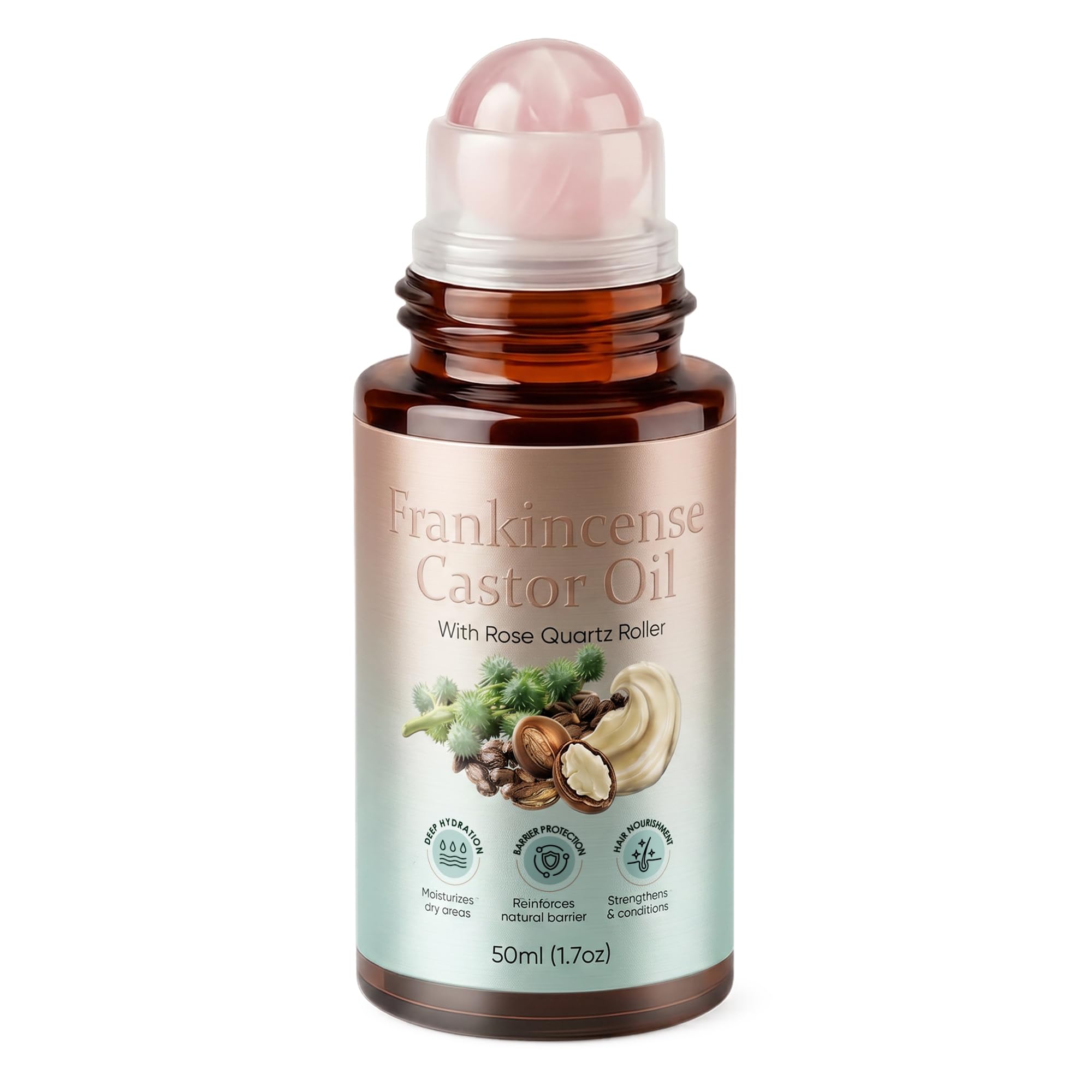 Castor Oil Rose Quartz Roller Ball, Organic Cold-Pressed Castor Oil with Frankincense, Roll-On Beauty Oil for Eyebrows, Face, Neck & Under-Eye Area, Lightweight Moisturizing Skin C