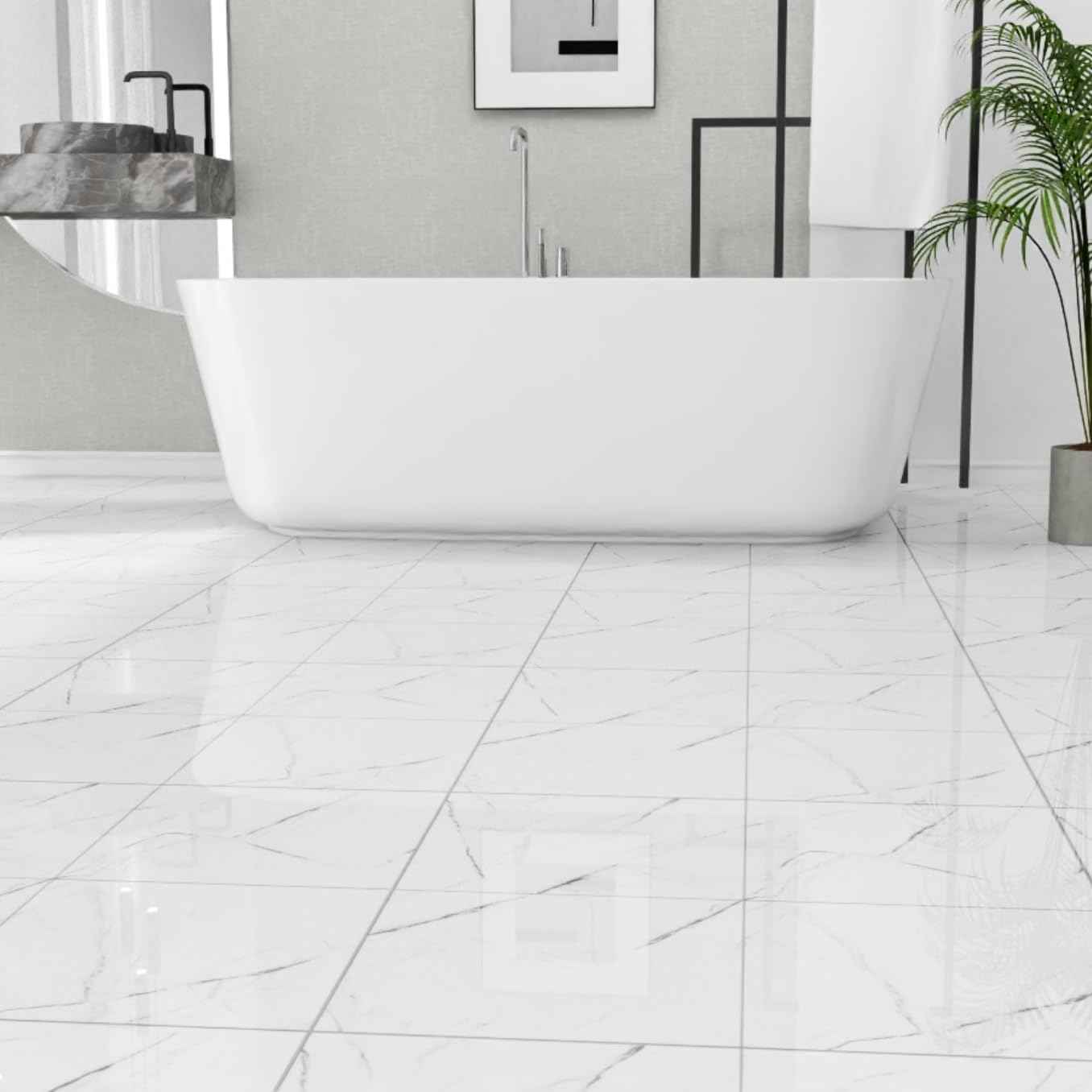 30-Pack Peel and Stick Floor Tiles Vinyl Floor 12 x 12 inch Self Adhesive Waterproof Glossy Flooring Planks DIY for Bathroom, Kitchen, Living Room, RV, Cover 30 Sq. Ft, Polish White Marble
