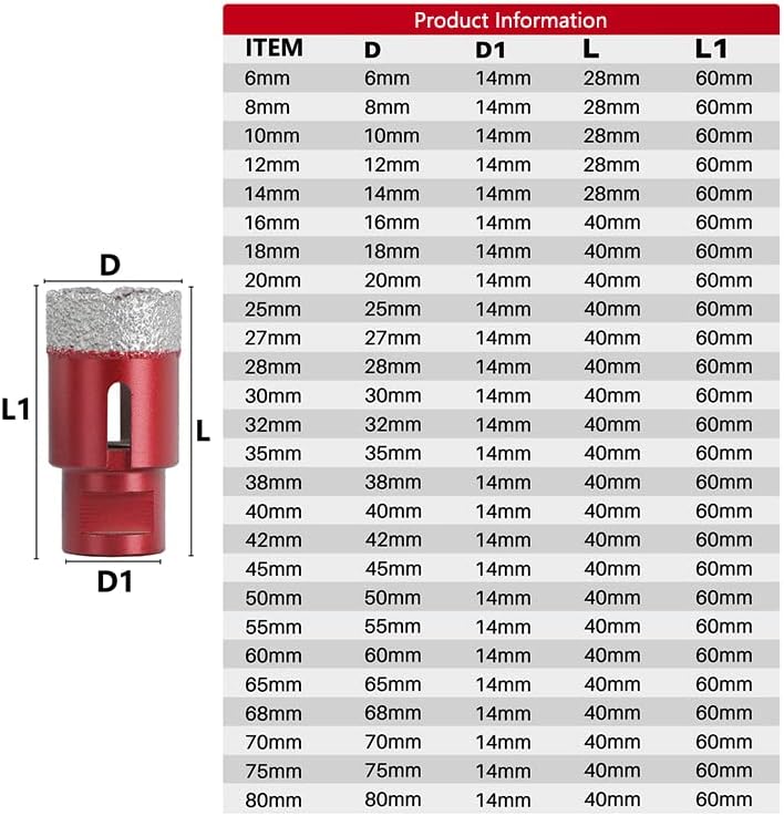 1ピース6mm-80mm真空スレッドろう付けホールオープナー掘削コアビットM14赤角グラインダーダイヤモンドセラミックタイルグラナイ