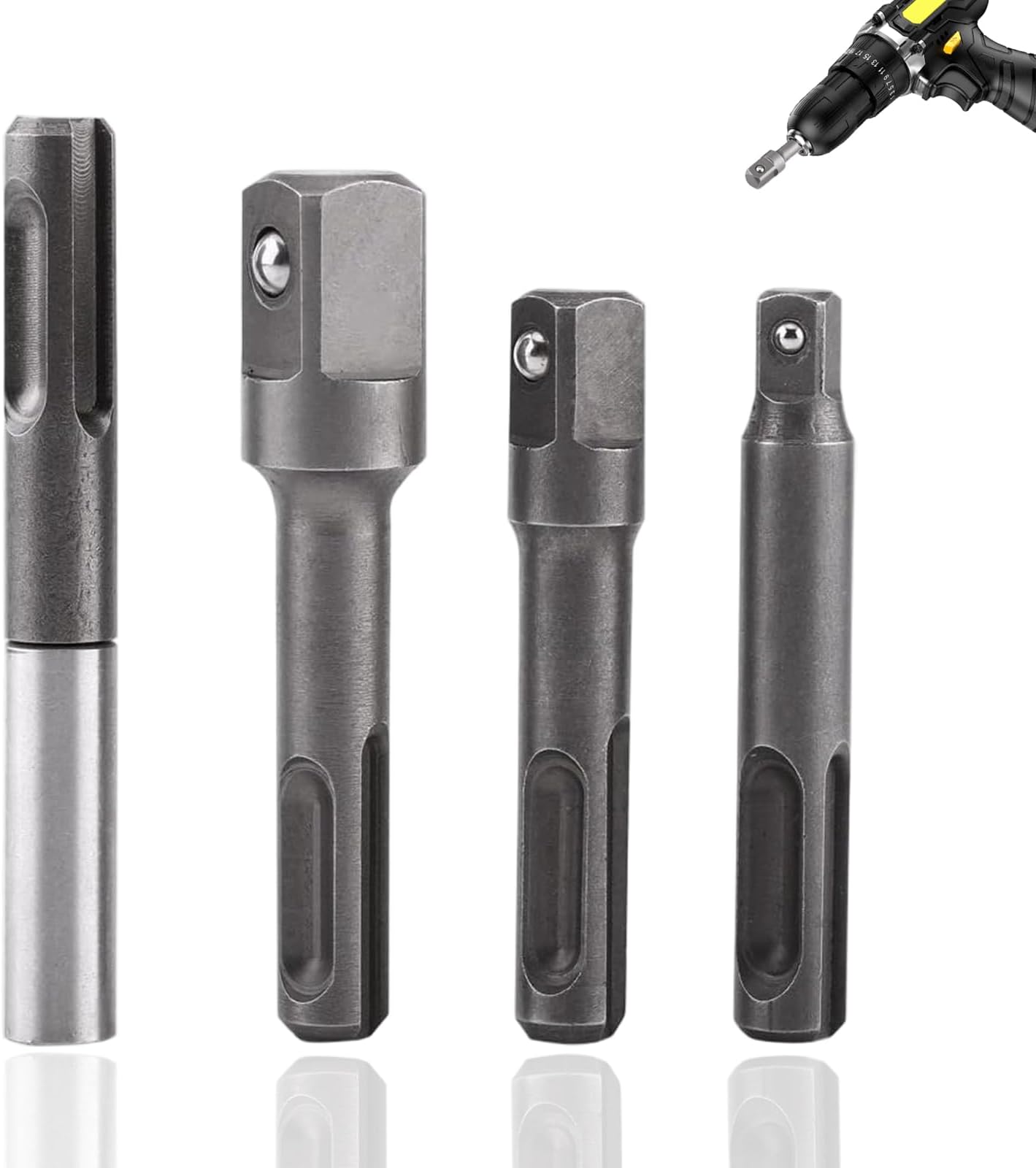 4 pcs SDS Plus Socket Adapter Set, 1/4" Hex Socket Adaptor 1/4" 3/8" 1/2" Impact Socket Extension Connector Power Drill Bit Adapter for Screws/Nuts/Any Drill and Handheld Driver