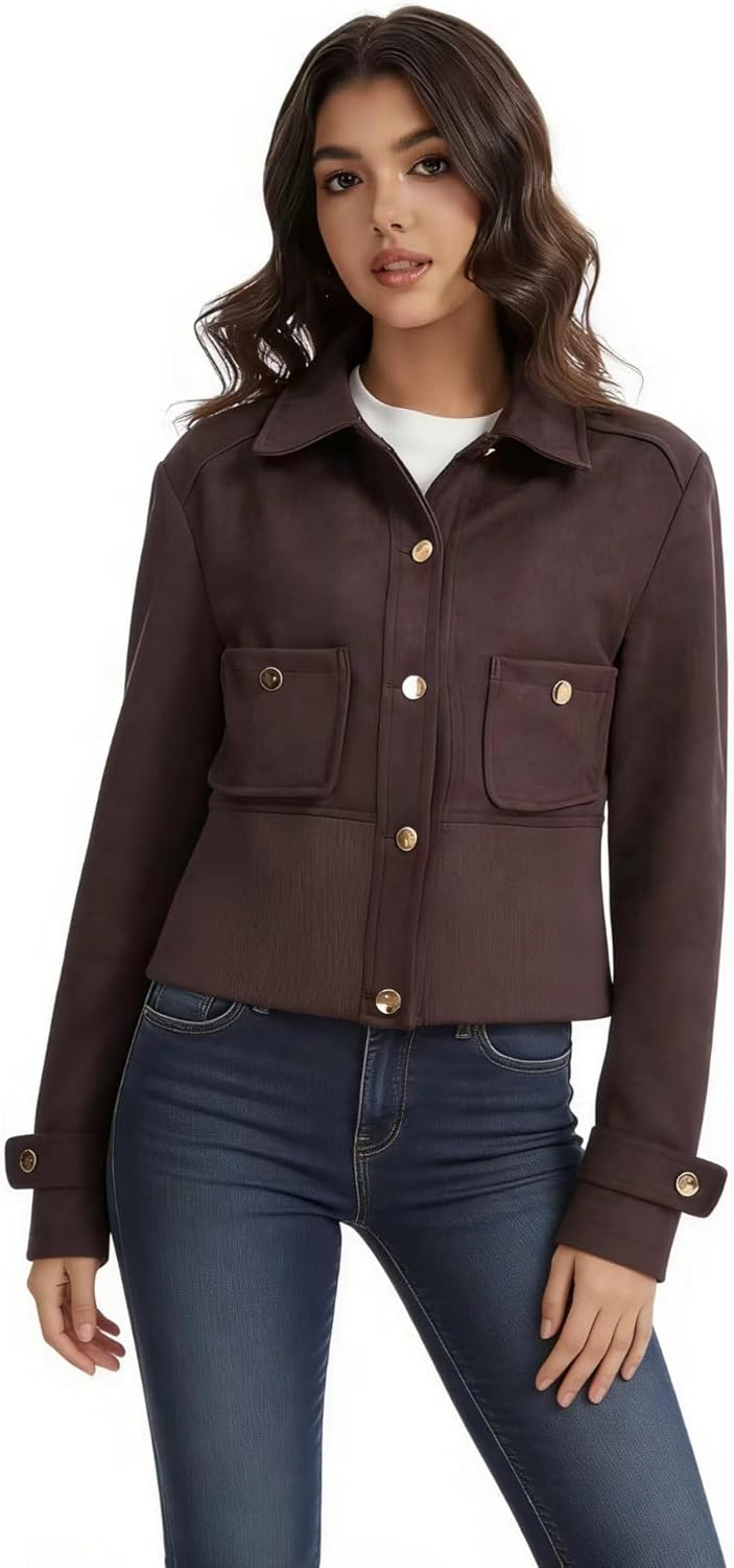 Moreone Women's Faux Suede Cropped Bomber Jacket for Women, Lightweight Button Down Fall Coat with Pockets - Image 2