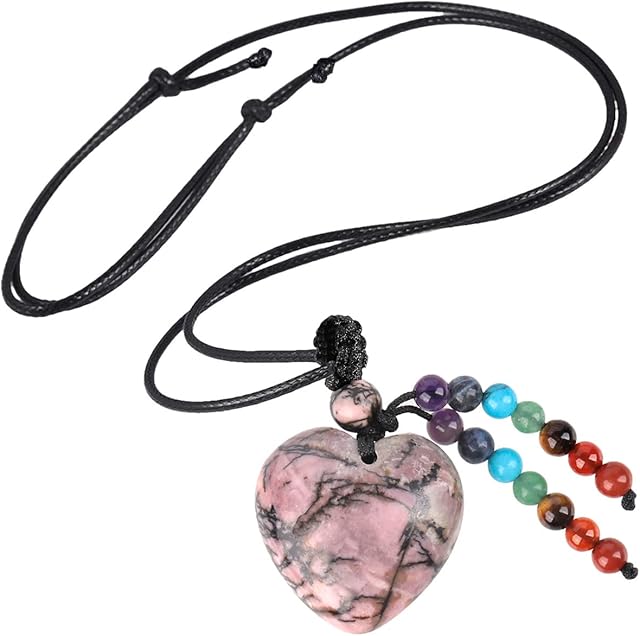 Nupuyai Love Heart Crystal Stone Pendant Necklace for Women, 7 Chakra Beads Healing Stone Pendant with Adjustable Cord, 78cm
