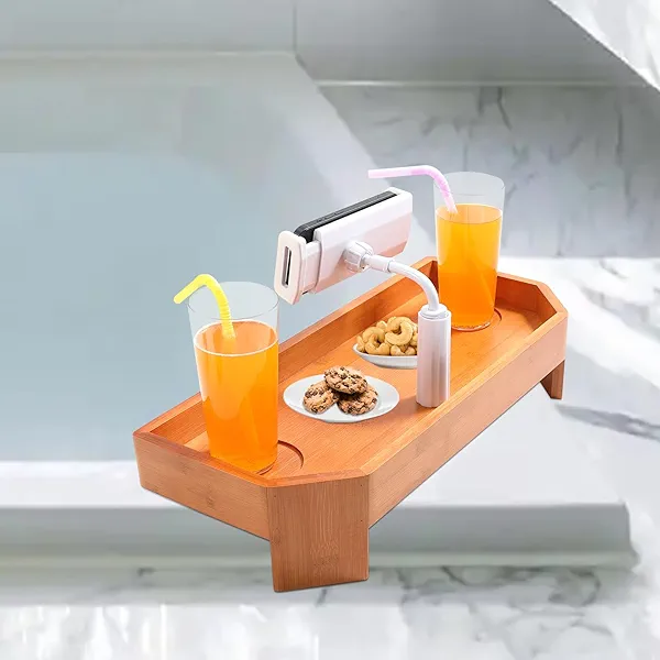 POOLCOMFT Bamboo Hot Tub Tray Table with Adjustable Nonslip Phone Holder, Bath Table Tray Drink Holder for Spa Bathtub, Hot Tub Accessories for Adults, Relaxing Must Have Bath Caddy