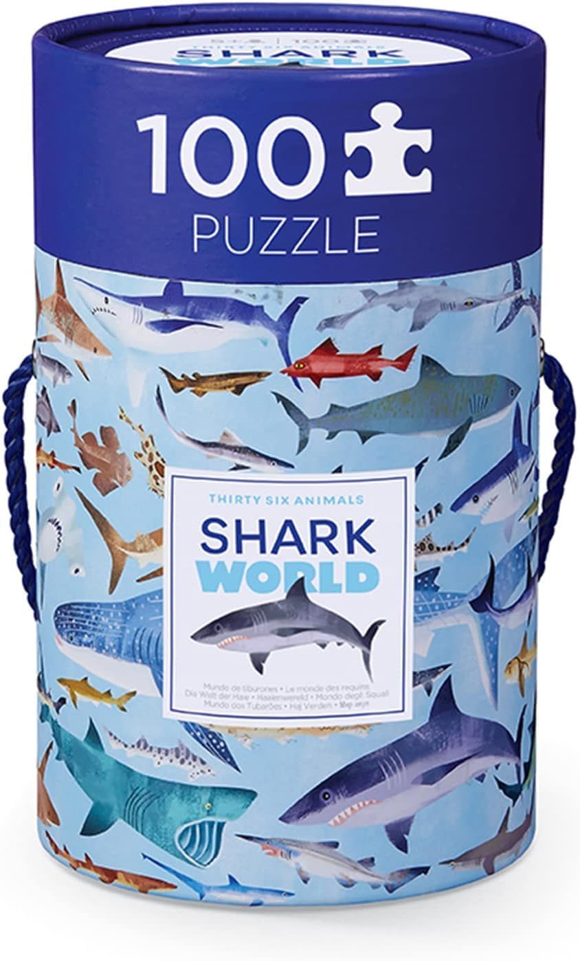Crocodile Creek 100-Piece Jigsaw Puzzle for Kids Ages 5 and Up - Fun and Educational Table or Floor Puzzles - Storage Canister with Handle - Sharks - 14” x 19” Finished