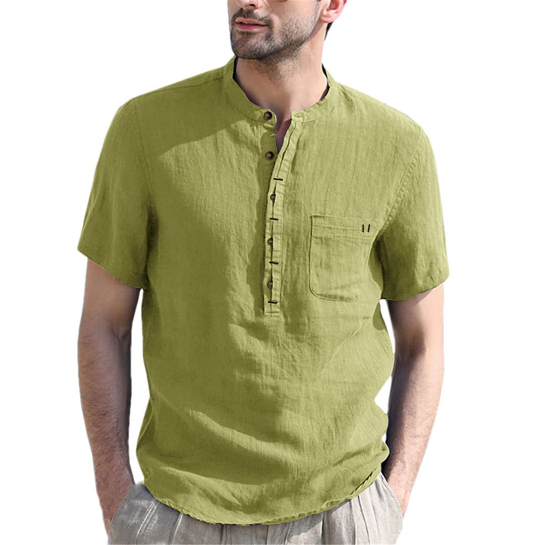 Maglietta da uomo in cotone e lino camicia casual Henley a maniche corte, Come mostrato, S