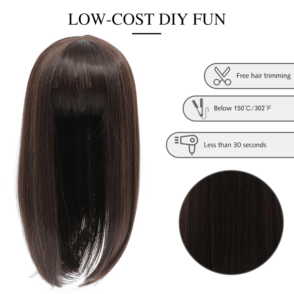 Yamel Hair Topper for Women Natural Synthetic Hairpieces 12 Inch Chocolate Brown Hair Topper with Bangs Straight Wiglets Hairpieces for Thinning Hair - Image 3