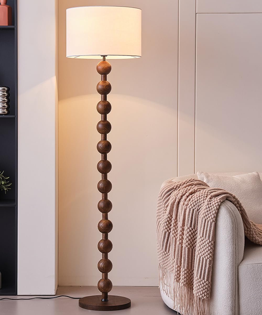 Okrągła drewniana lampa podłogowa w stylu połowy wieku, 160 cm, z lnu z diodami LED E26, możliwość ściemniania, z tkaniny, idealna do czytelni, biura, salonu lub sypialni.