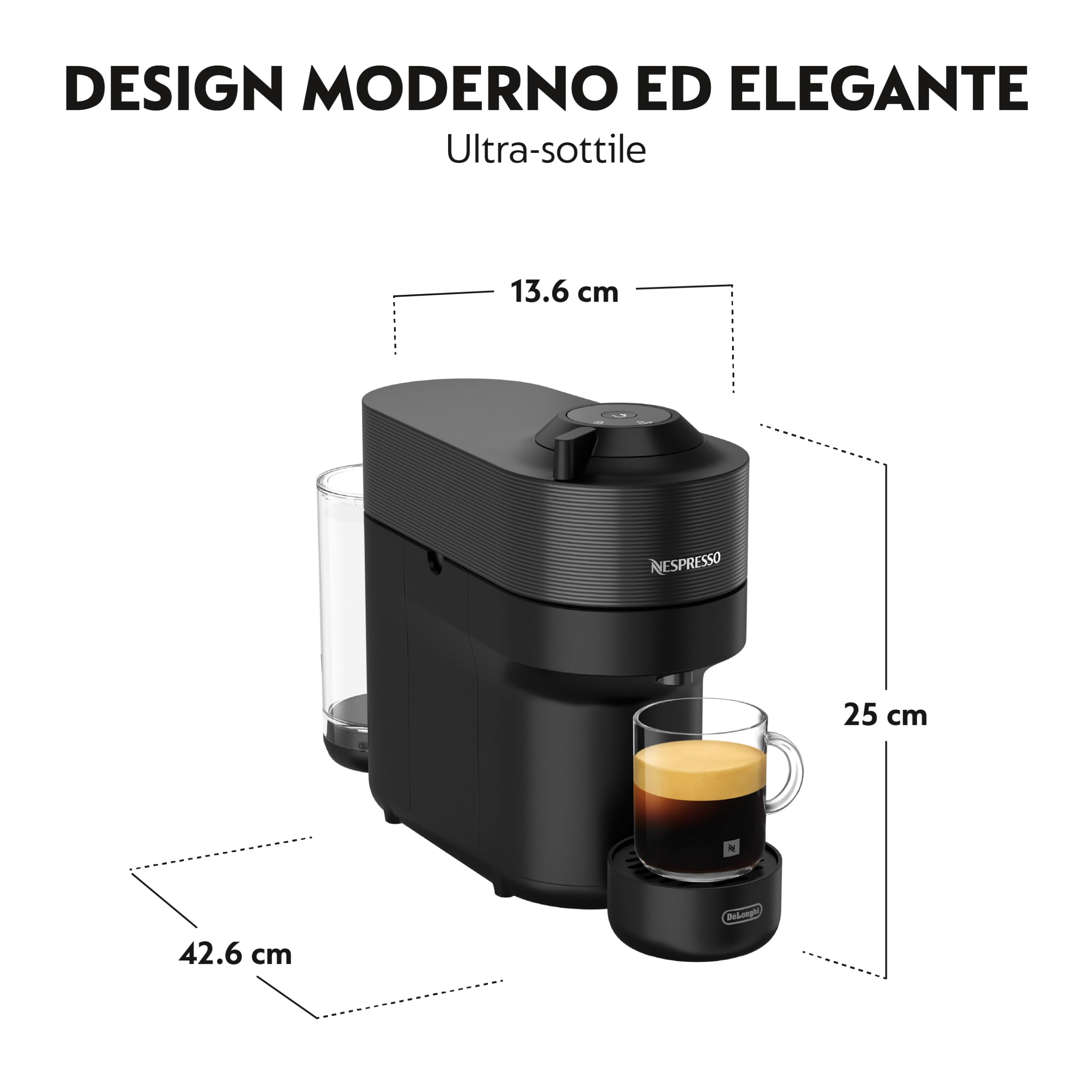 De'Longhi Nespresso Vertuo Pop ENV90.B, Macchina Caffè a Capsule con Tecnologia Centrifusion, 4 Formati in Tazza, Incluso Set di Benvenuto con 12 Capsule, 1260W, Liquorice Black