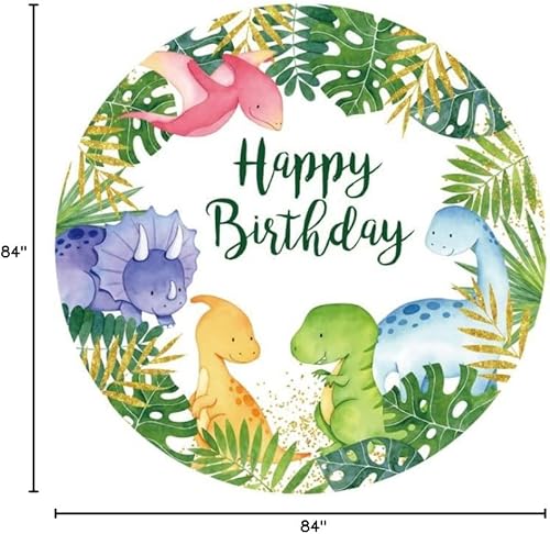 Miniatura 7 de AOFOTO Fondo redondo de 7 x 7 pies con diseño de dinosaurio de feliz cumpleaños, cubierta grande, tema de la selva de las maravillas, cartel de