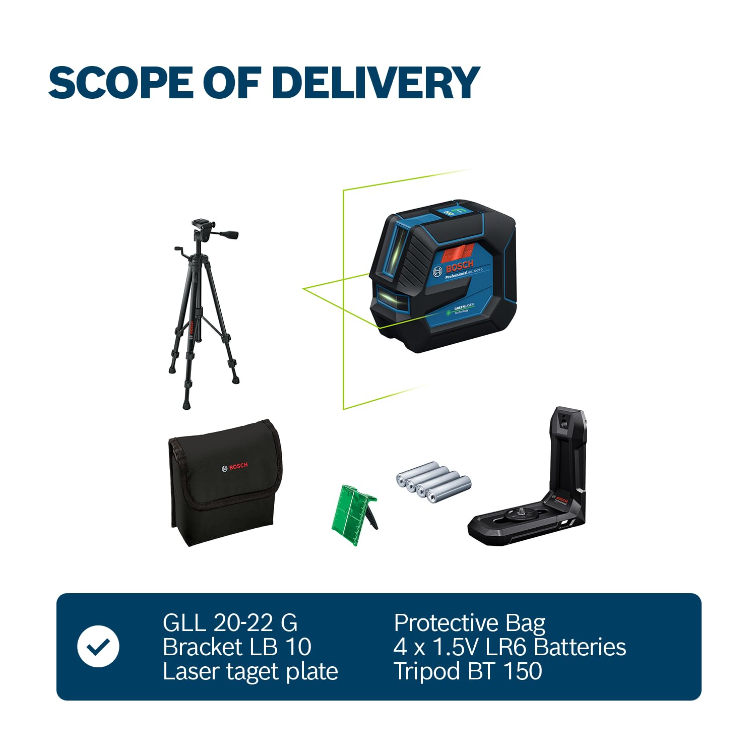 Bosch Professional Linienlaser GLL 20-22 G (Halterung LB 10, grüner Laser, Innenbereich, Dual Power Source, 2 x 1.5V LR6 Batterien, Schutztasche, Stativ BT 150)