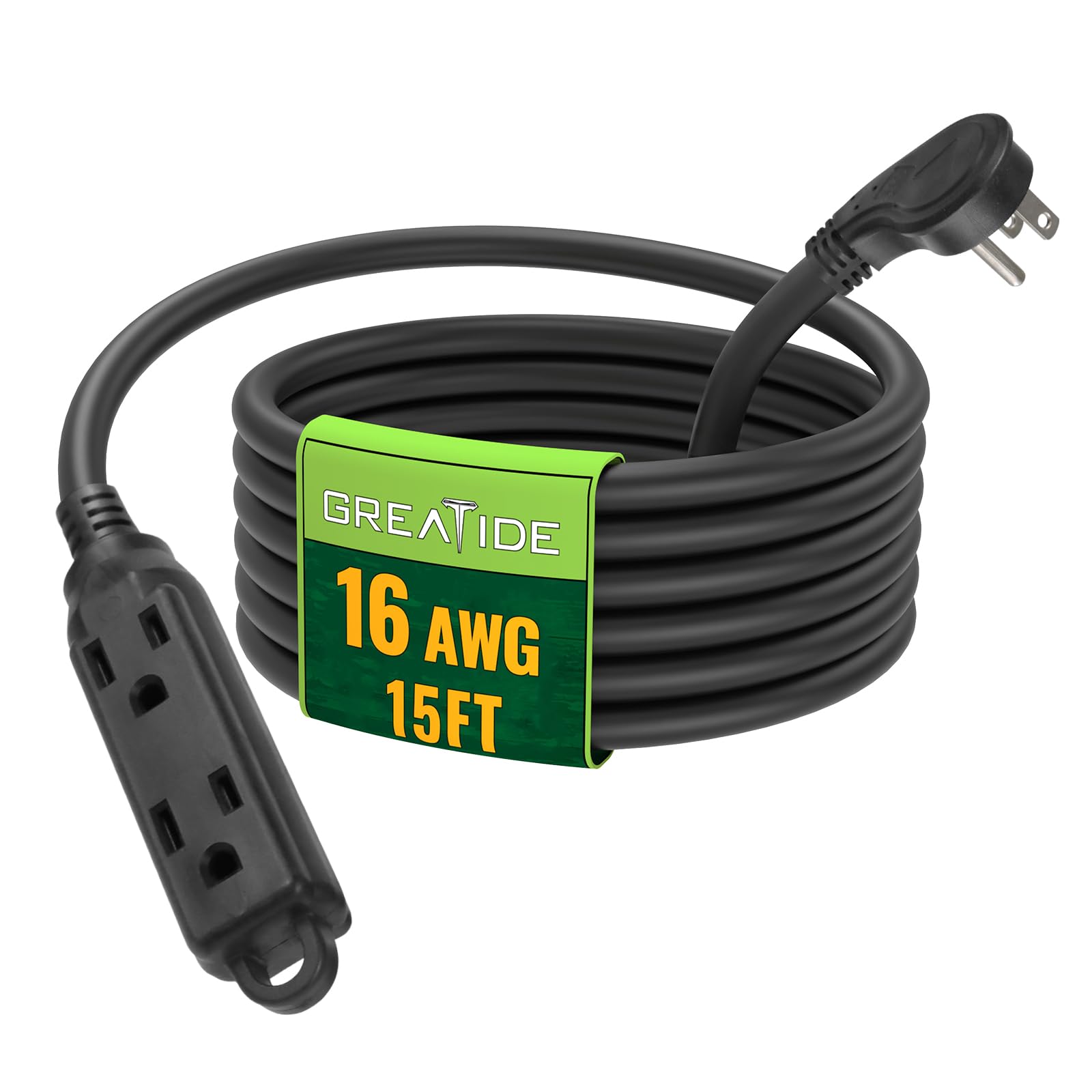 GREATIDE 15 Ft Flat Plug Extension Cord，16/3 SJT Indoor Low Profile 3 Outlets Extension Cable with 45° Angled Flat Plug, Multiple Outlets Extension
